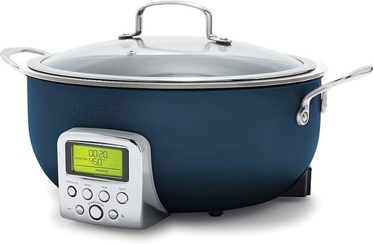 GreenPan Elite Essential Smart Electric 6QT Skillet STEAMER&TOOL NEW-OXFORD BLUE