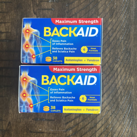 2 Backaid Max Maximum Strength Aspirin Free Pain Reliever 2x38 Caplets EXP 07/26