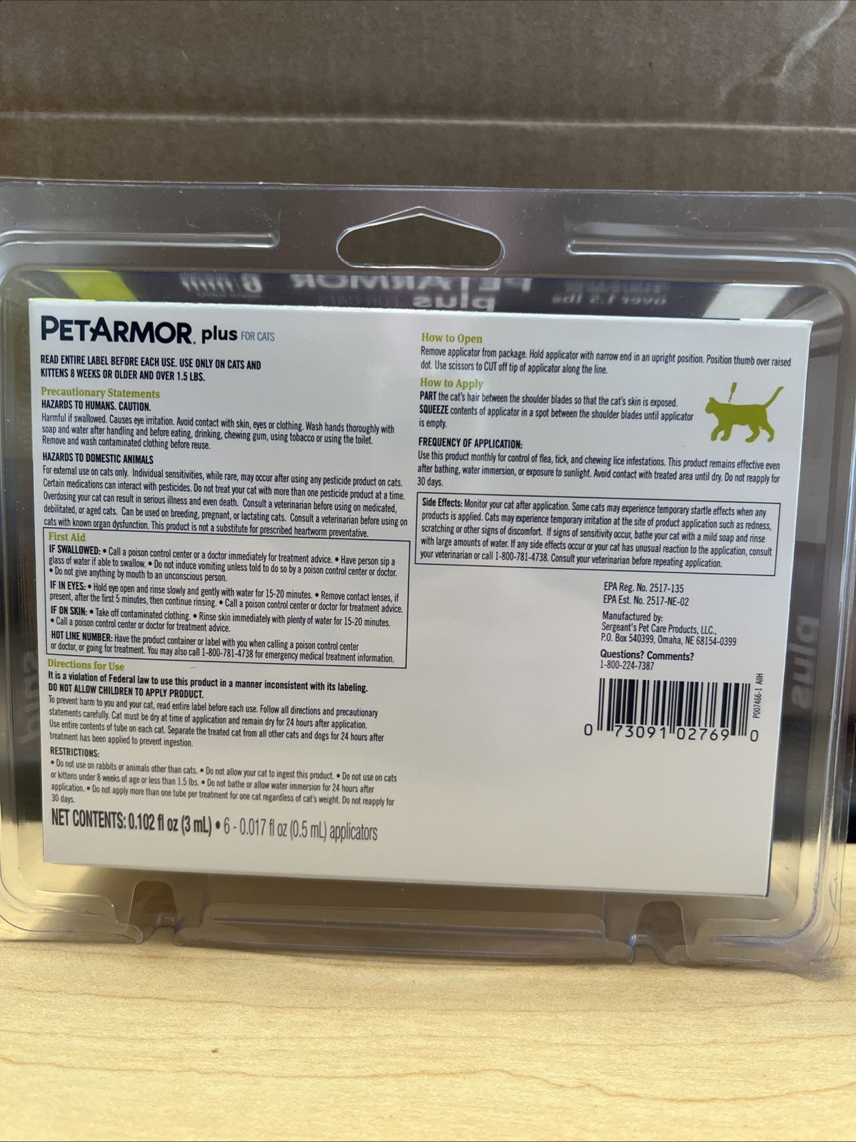 PetArmor PLUS 6 Doses Flea, Tick & Lice Treatment for CATS Cat Over 1.5 LBS 7690