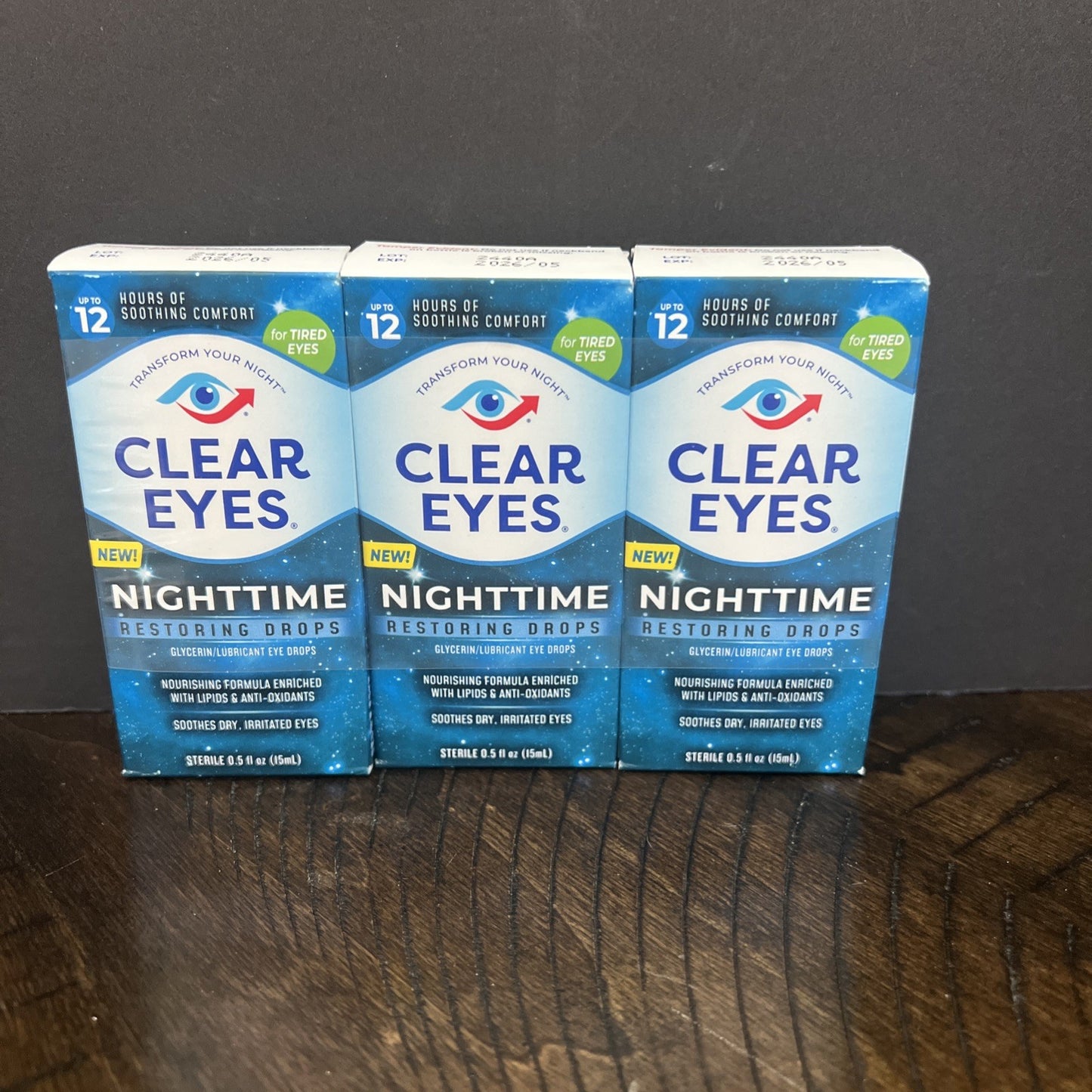 Lot Of 3 Clear Eyes Nighttime Restoring Drops.0.5oz(15ml) Exp 5/2026 NIB
