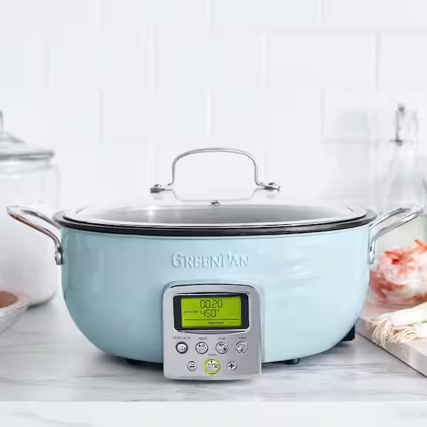 GreenPan Elite Essential Smart Electric 6QT Skillet STEAMER & TOOL NEW-BLUE HAZE