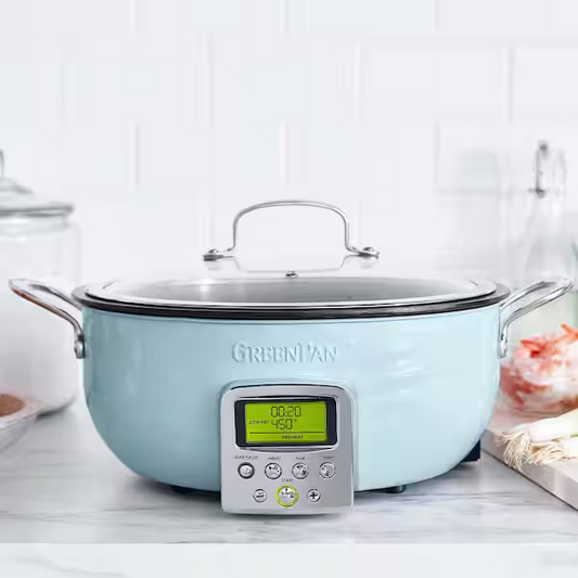 GreenPan Elite Essential Smart Electric 6QT Skillet STEAMER & TOOL NEW-BLUE HAZE