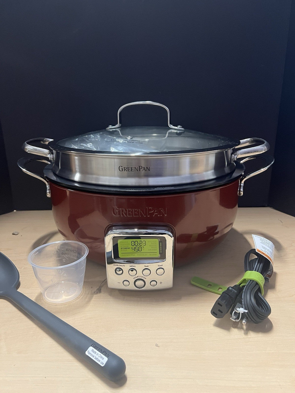 GreenPan Elite Essential Smart Electric 6 QT Skillet STEAMER & TOOL NEW-RED