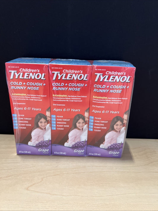 3pk Tylenol Children's Grape Cold & Cough Relief Oral Suspension 4oz EXP 2/26