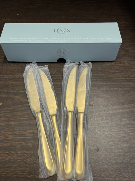 Set of 4x New 9.4in Gold Steak Knives, Archer by Lenox