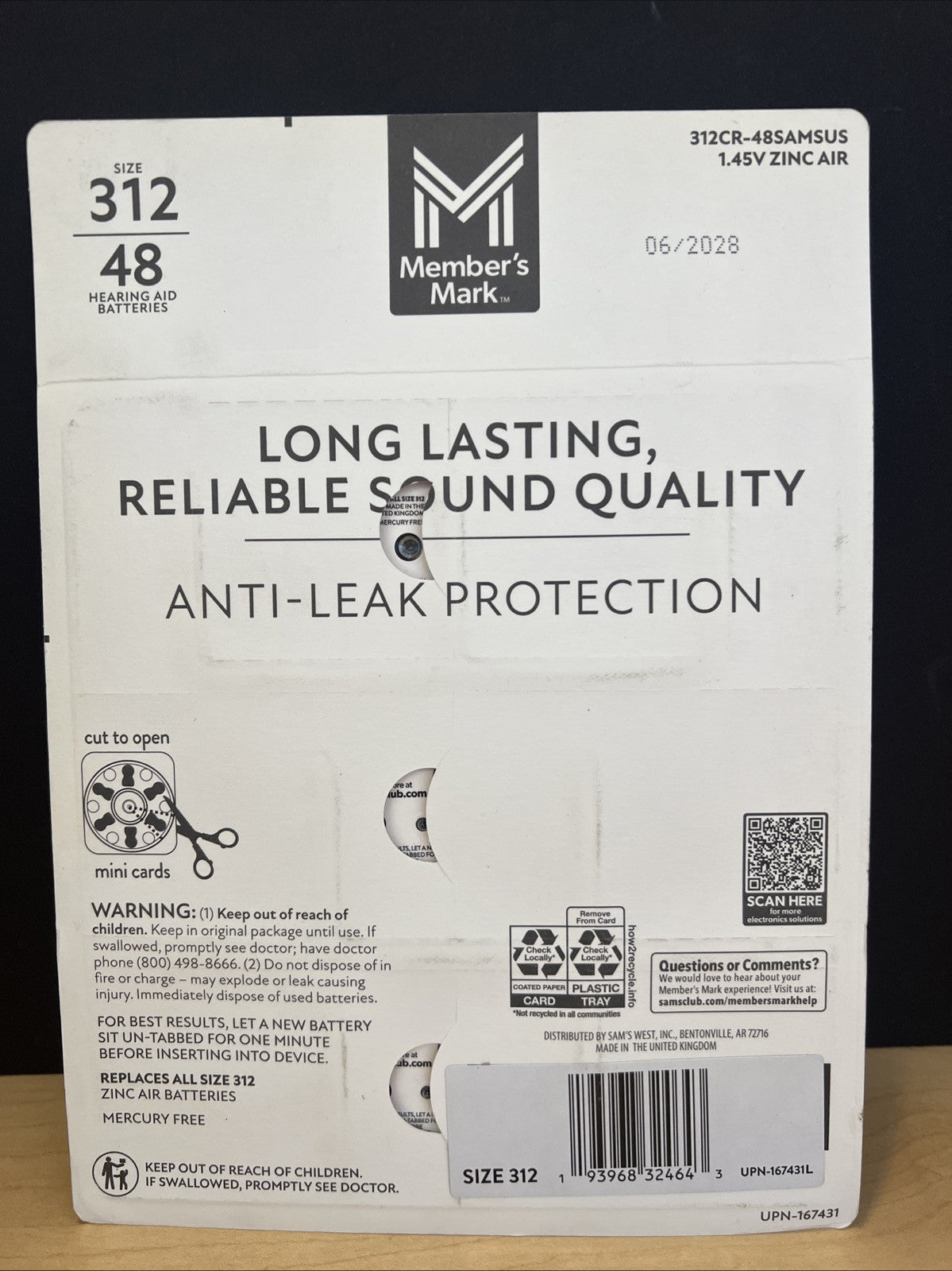 Member’s Mark 48 Pack Hearing Aid Zinc Air Batteries Size 312 Mercury Free 06/28