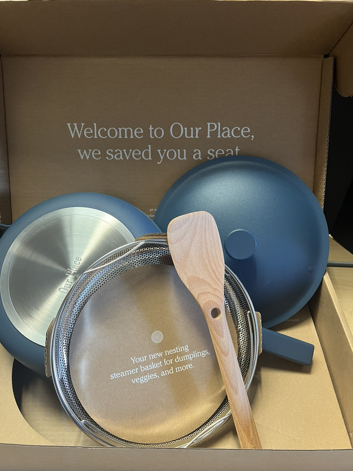 Our Place Always Pan 2.0 10.5” BLUE SALT Nonstick Pan w Lid, Spatula, Basket NIB