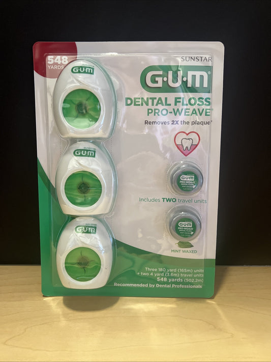 GUM Pro-Weave Dental Floss Mint Waxed 3 Count + 2 Travel Units 548 Yards Total